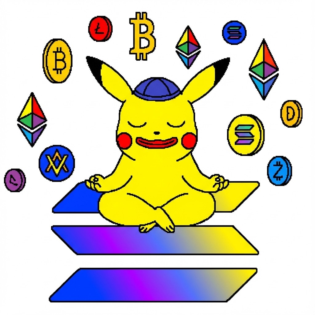 Kipachu meditating with crypto coins