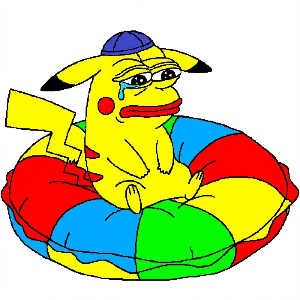 Kipachu crying in pool floaty